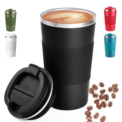Image of Giftana Coffee Tumbler Mug 510ml with Leakproof Lid, Reusable Travel Coffee Mug with Non-Slip Protective Cover, Coffee Cup for Office and Travel, Birthday Gifts for Men, Valentine's Day Gifts (Black)