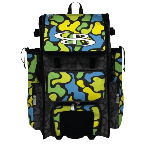 Boombah Rolling Superpack Baseball/Softball Gear Bag - Telescopic Handle - Holds 4 Bats - Wheeled Version - Morph Camo Black/Lime Green/Columbia Blue/Twitch