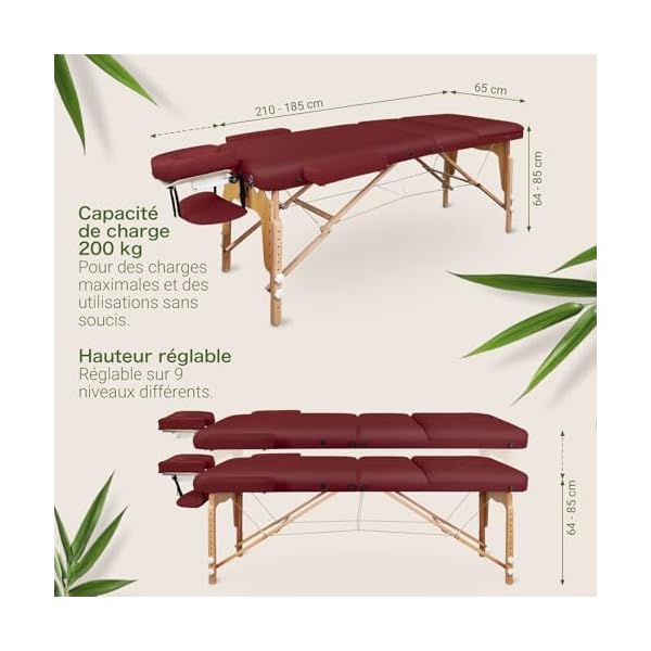 MASSUNDA All INKL Chaise de Massage Pliante et réglable en Hauteur – Table de Massage Mobile en Bois Massif avec Housse en éponge, accoudoirs et dossiers, appuie-tête Ergonomique (Bordeaux)