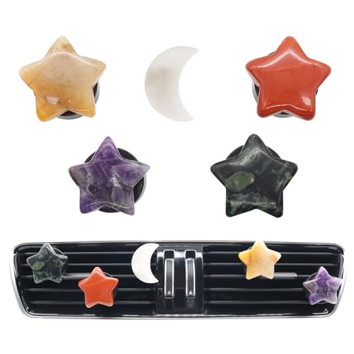 ORIESSE Boho Car Decor,Stars Moon Air Vent Clips,Refillable Car Fresheners,5pcs Natural Crystal Stone Hippie Dashboard Decorations Accessories,Best Wishes for Lover and Friend