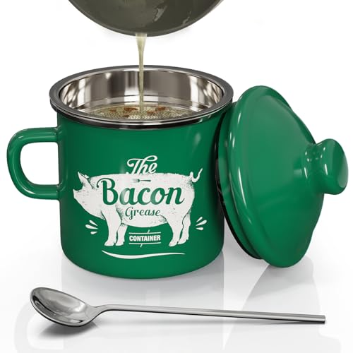 Bacon Grease Container with Strainer-15OZ Enamel Saver, Dishwasher Safe