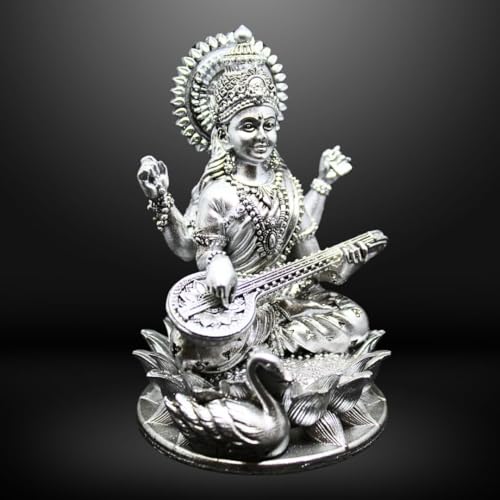Image of Saraswati Devi Idol 4.5 inch Material Polystone Statuen Painted Brass, Antique Silver & White Finish Veena Vadini Maa Saraswati Murti Vasant Panchami for Home & Office Decor (Antique Silver)
