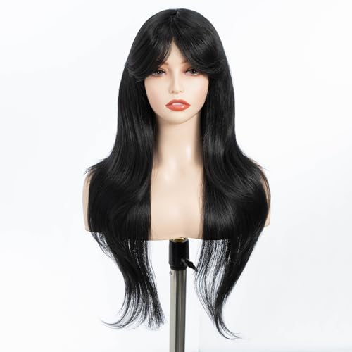 FASHION IDOL Long Straight Wave Ends Wig with Natural Curtain Bangs for Women 26 Inches Glueless Heat Resistant Synthetic Wear and Go Wig