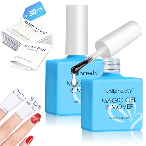 2 Pièces 15ml Magic dissolvant vernis semi permanent avec 30pcs Lingettes dissolvantes pour vernis à ongles, 3-5 Min remover vernis semi permanent, Retrait Rapide Sans Endommager les Ongles