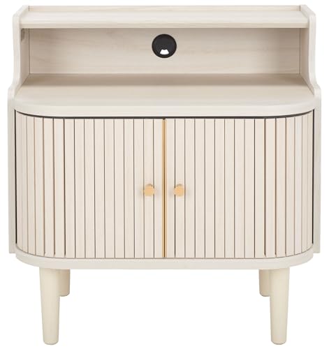 SAFAVIEH Home Collection - Tameka Bleached White & Gold Tambour Door Nightstand Table with Hutch, Mid-Century Modern Bedside Storage (NST9616C)