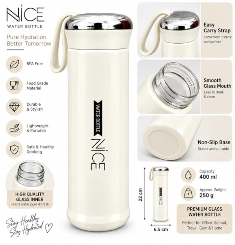 Image of NICE Water Bottle with Glass Inner, 400 ml, Cream