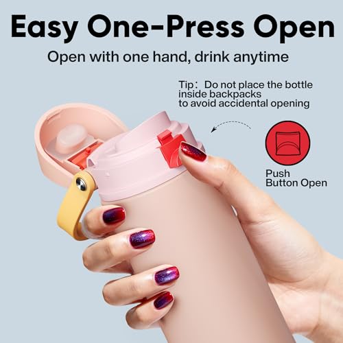 Image of Insulated Water Bottle with Straw - Encool Stainless Steel Water Bottle with Push Button Lid, Leak-Proof & BPA-Free, Keeps Cold for 24 Hours for Sports, Travel, Gym (24 oz, Pink Daisy-Red)