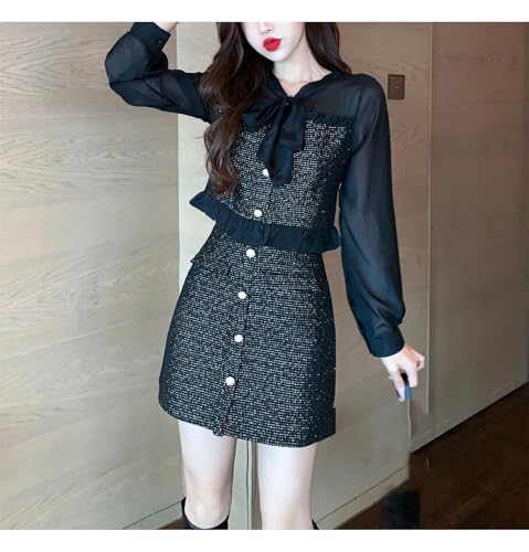 Women's Two Pieces Set Spring Bow Tie Chiffon Patchwork Tweed Crop Top And High Waist Mini Skirt Suit4