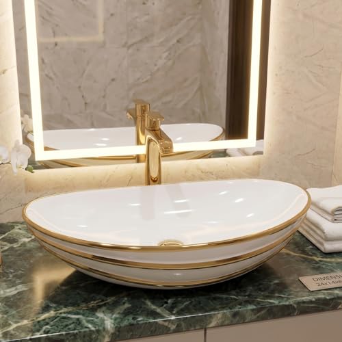 Image of BASSINO 24x14x6 Inches Ceramic Table Top Wash Basin /Designer Bathroom Sink /Countertop Vessel Basin /Luxury Washbasin /Above Counter Basin for Bathroom /Vanity Sink for Dining Hall(Glossy White & Gold)