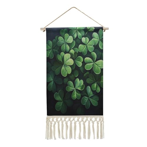 Jubonexis Arazzo da parete in lino, con grappolo di trifogli portafortuna per il giorno di San Patrizio, poster da parete vintage con nappe e asta in legno
