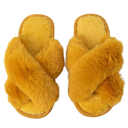 Image of Enteer Women's Slipper Memory Foam Cross Band Fuzzy Slippers Open Toe Cozy House Slippers Cozy Plush Bedroom Indoor Outdoor