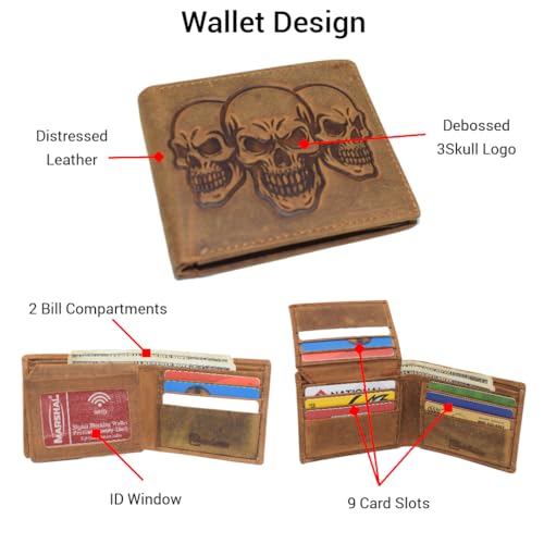 MARSHAL Men’s RFID Blocking Vintage Leather Bifold Wallet with Triple Skull Debossed Design (Tan)4