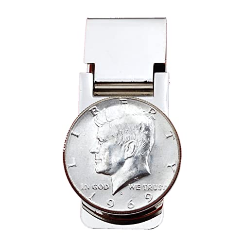 US 1969 Kennedy Half Dollar 40% Silver Coin Hinged Money Clip NEW - Silver Plated Coin Bezel