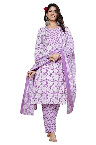 Image of MIRCHI FASHION Women's Straight Fit Pure Cotton Sequins Thread Work Leaf Printed Kurta Set with Dupatta and Trouser