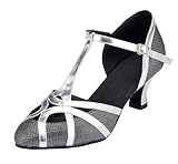 MGM-Joymod Chaussures de Danse pour Femme Bride en T Bout fermé Paillettes Synthétiques Soirée de Mariage Tango Salle de Bal Moderne Amérique Latine, Noir Talon de 6 cm,42.5 EU