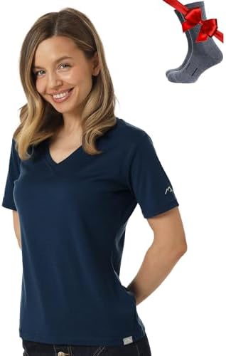Merino.tech 100% Merino Shirt Damen V-Ausschnitt Outdoor + Wollsocken | Schnelltrocknend, Atmungsaktive Merino Tshirt Damen, Geruchshemmend, Frisch, Thermo Sportshirt, für Wandern