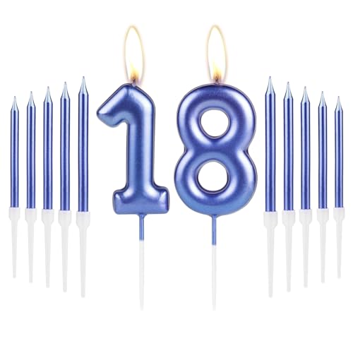 Metallic Royal Blue 18th Birthday Number Candles Set,Pearlescent Thin Pencil Cake Candles for 18 Year Old Birthday Party Decorations