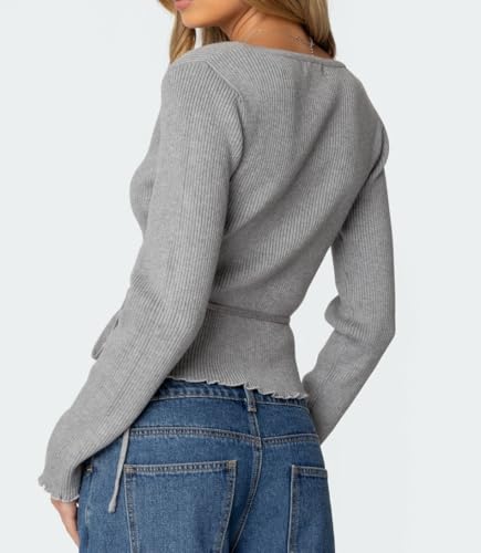 NUFIWI Ballet Wrap Sweaters for Women Long Sleeve V Neck Lightweight Pullover Y2k Tie Back Loose Ribbed Knit Shirts3