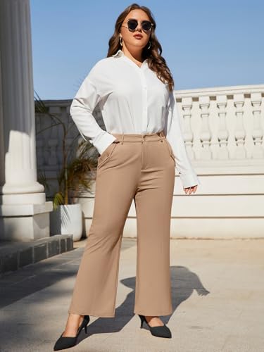 Charming Ashley Plus Size Women's Wide Leg Dress Pants - Slacks for Business Casual, Work Clothes for Office Light Apricot — view 4