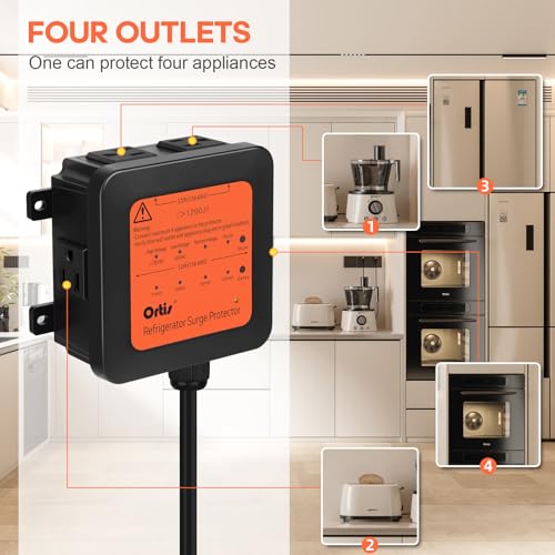 Ortis 4-Outlet Refrigerator Surge Protector, 1200J, Delay Start, Quick Reset, Audible Alarm & LED Indicators, Prevents Voltage Spikes, Surges & Power Outages, 1.3ft Cord, for 27+ cu. ft. Fridges by Ortis - Image 4