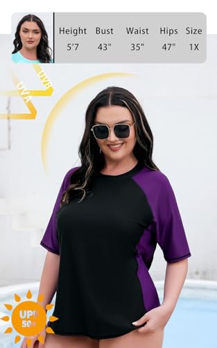 Halcurt Women's Plus Size Short Sleeve Rash Guard Swimsuit Top with Built in Bra Swim Shirt UPF50+ Bathing Suit2