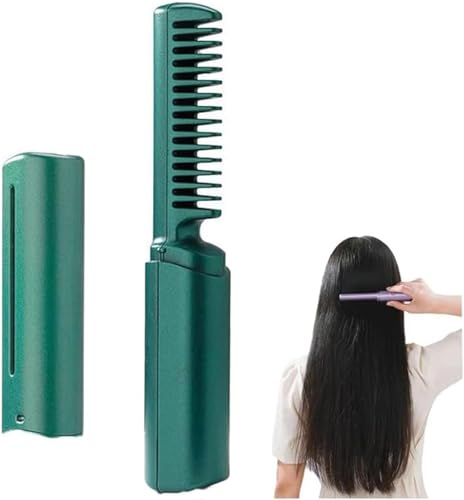 Mini plancha de pelo recargable 2 en 1, alisador de pelo antiescaldaduras, cepillo y rulos, plancha multifuncional de iones negativos, peine de peinado, mini plancha portátil para viajes, color verde