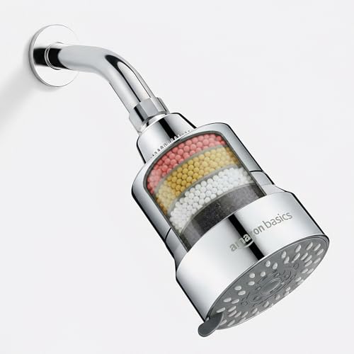 Amazon Basics Filtered Shower Head with 5 Spray Modes | Water Softener | ABS Material | Chrome Finish | 15.3L x 9.6W cm