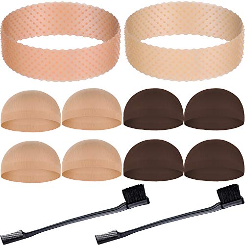 2 Pieces Wig Grip Band Transparent Silicone Wig Headband Unisex Non Slip Wig Hair Band with 8 Pieces Nylon Wig Cap and 2 Pieces Edge Brush for Women Lace Frontal Wigs and Sports Yoga Supplies