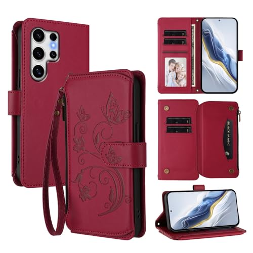 Étui portefeuille Samsung S21 Ultra rouge rabat aimanté cuir papillon