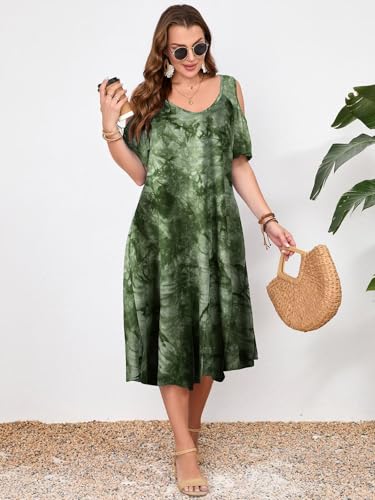 Image of LARACE Plus Size Women Dress for Summer, Midi Women's Sundress, Casual V-Neck Short Sleeve Flowy T-Shirt Dresses with Pockets