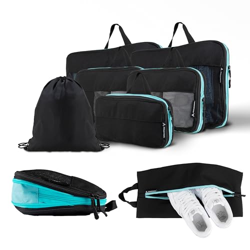 Atacama Premium Kompressions-Packwürfel-Set: Reißverschluss & Dual-Taschen, Packtaschen mit Kompression für Rucksack & Koffer - Schwarz Set of 8