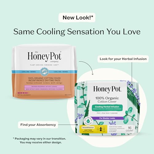 Image of The Honey Pot Company - Cooling - Daytime - Incontinence Pads for Women | Cooling Effect - Infused w /Mint, Aloe, Lavender - Organic Cotton Cover - Bladder Leak Control - Feminine Care - 16ct