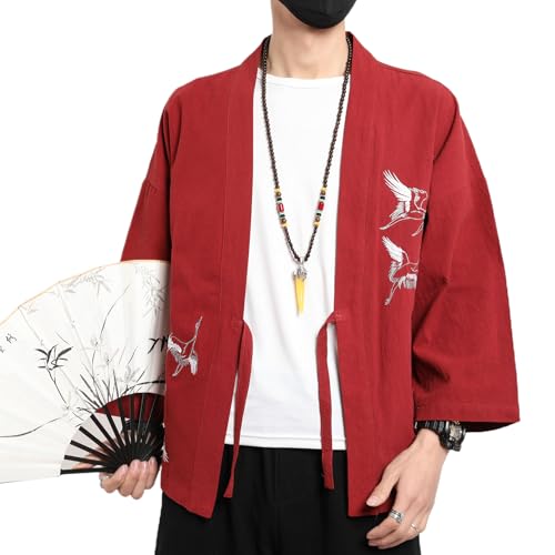 Image of Men's Japanese Kimono Cardigan Loose Cotton Linen 3 /4 Sleeve Open Front Casual Summer Shirt Jackets