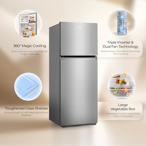 Image of Haier 328 L 2 Star Frost Free Triple Inverter Double Door Refrigerator, 360 Magic Cooling Uniform Freshness & Spacious Fresh Zone (HEF-332TSA-P, Nickle Steel, 10 In 1 Convertible Modes, 2026 Model)