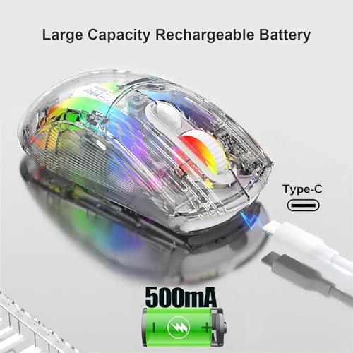 Mengshen Przezroczyste bezprzewodowe myszy do gier, ładowalna mysz z 5 poziomami DPI, kolorowe podświetlenie RGB, ciche kliknięcie, ergonomiczna, do komputera, gier, e-sportu, dla graczy, biura, biała
