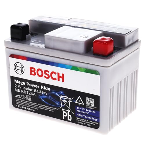 Image of Bosch M6 RBTZ4 AGM Bike Battery - Lead-Acid Battery for Two-Wheelers - Spill Proof, with Enhanced Cranking Power and Zero Maintenance - 12V, 4A /h Rate - 120 x 75 x 90mm