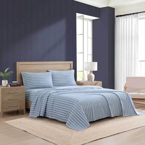 Image of Tommy Hilfiger - King Bed Sheets, Crisp & Cool Cotton Percale Bedding with Matching Pillowcases, Lightweight Bed Set, Oeko-Tex Certified (Effortless Stripe Blue)