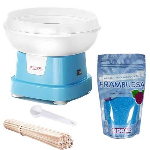Sidral - Maquina Algodon Azucar Con 25 Palos De Madera, Cuchara Medidora Y 250 Gr De Azúcar - Maquina De Algodon De Azucar - Azucar Para Maquina De Algodon Azul Azul