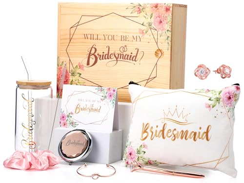 Sunnychicc Bridesmaid Proposal Gifts Maid of Honor Proposal Gifts Set Will You Be My Bridesmaid Wooden Gift Box 17 oz Glass Tumbler Cup Makeup Bag Hair Scrunchies Bracelet Diamond Pen (Bridesmaid)