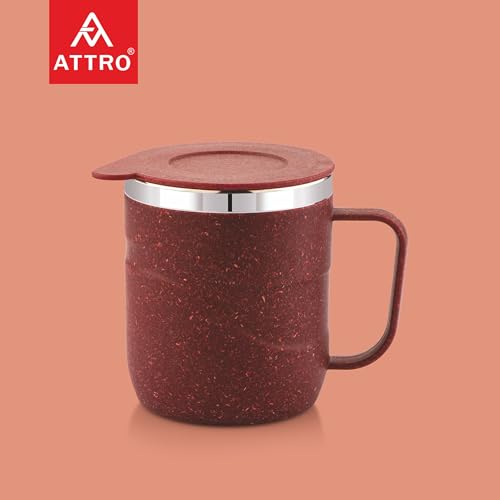 Image of ATTRO Brew Mug - Stainless Steel Inner with eco Friendly Outer Body,Durable & Stylish, Microwave Safe Coffee /Tea Mug with Handle & Lid, Ideal for Home, Office, Travel & Gifting - 300ml - Crimson Red