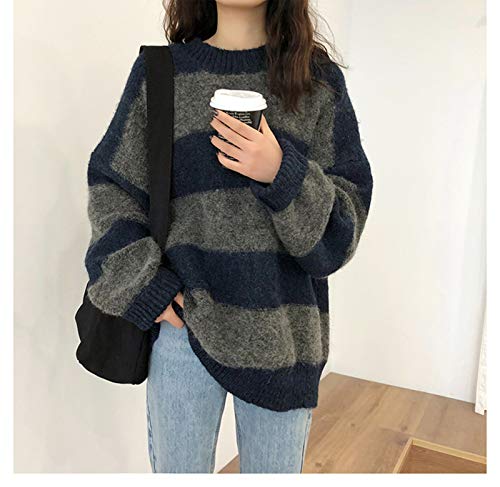 Women Vintage Striped Sweater Knitted Long Sleeve Loose Oversized Pullover Jumper Tops Blue #TOP3