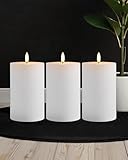 Gmnee 3"x4" White Ribbed Flameless Candles - Remote Control & Timer, Set of 3 Large Real Wax Pillar Flickering Battery LED Candles for Table, Fireplace and Mantel Decor