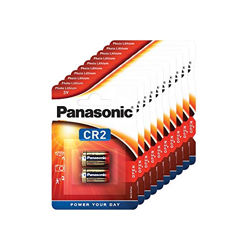 Pila cilíndrica de Litio Panasonic CR2 para Dispositivos Ligeros con Alta Demanda de energía como detectores de Humo, Sistemas de Alarma, Faros, cámaras, 3 V, 10 Paquetes (20 Unidades)