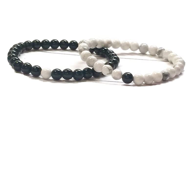 Bracelet couple onyx noir et howlite 6mm perles rondes