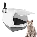 Large Cat Litter Tray Toilet Box, Enclosed Secure Flap Door Lidded Detachable Hood Easy Cleaning, with Charcoal Filter, High Sided Rim Big Extra Spacious, with Cat Litter Scoop, 51 * 37 * 36cm, Grey