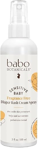 Babo Botanicals Sensitive Baby Fragrance-Free Diaper Rash Cream Spray - No touch, mess-free application - 14.9% Zinc Oxide - Shea Butter, Olive Oil & Aloe Vera - For Babies – 3fl.oz.