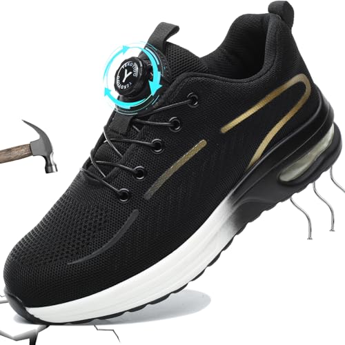 YEKOYIOO Sicherheitsschuhe Herren Damen Sportliche Arbeitsschuhe Anti-Smashing Stahlkappenschuhe Leicht Atmungsaktiv Bequem rutschfest Ohne Binden Drehverschluss Gold 43 EU