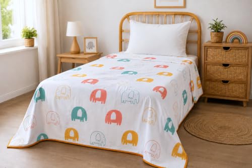 Image of LORETO - A QUALITY LINEN BRAND 100% Cambric Cotton Single Dohar 58 x 88 Inches, 3-Layer Lightweight AC Blanket with Soft Cotton Flannel Filling, Summer Quilt, Reversible, Coral Green Elephants