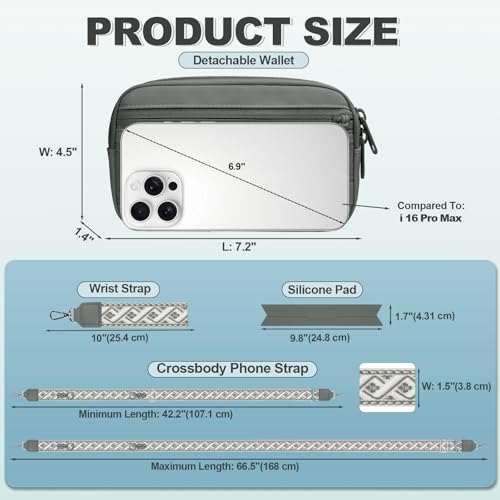 Image of YFWE Clip and Go Strap for Phone with Wallet Crossbody, Adjustable Phone Lanyard with Detachable RFID Wristlet Wallet, Pattern Strap - Grey(L)