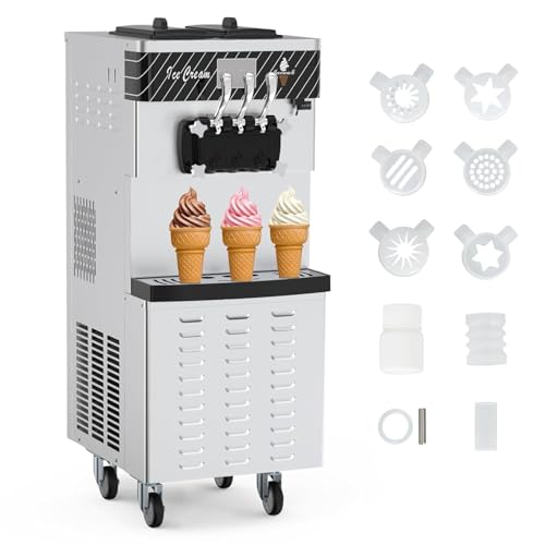 Commercial 2450W Ice Cream Machine, 22-30 QT/H Yield, 3 Flavors Soft Serve Ice Cream Maker with 2×7L Hoppers, Soft Ice Cream Machine with LED Panel, Auto Clean Pre-Cooling for Restaurant Snack Bar